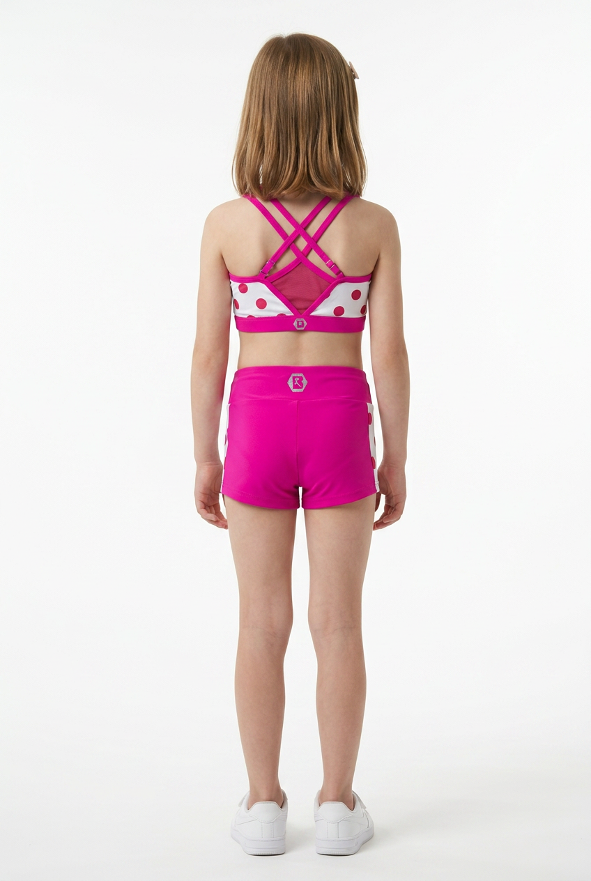A young girl viewed from behind wearing a bright pink and white patterned sports bra and matching hot pink athletic shorts, standing against a plain white studio background.