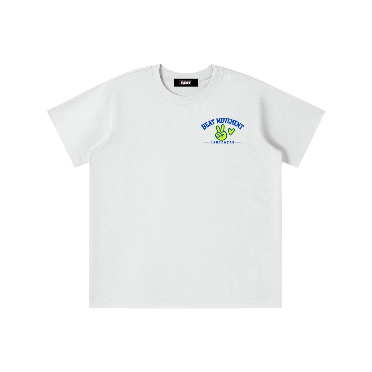 A white short-sleeve crewneck t-shirt with a small graphic on the left chest featuring blue text that reads 'BEAT MOVEMENT' and 'AMERICA' with a green peace sign.