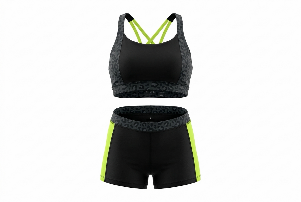 A two-piece athletic set featuring a black sports bra with neon yellow-green straps and patterned gray sides, paired with matching black shorts that have neon yellow-green side panels and a patterned gray waistband.
