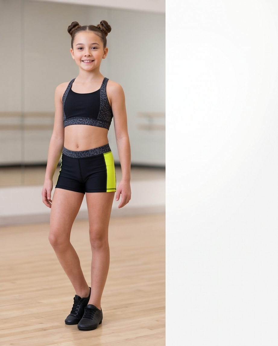 A young girl with twin buns stands in a dance studio wearing a black and gray athletic sports bra and matching shorts with a bright neon yellow-green side panel, paired with black sneakers.