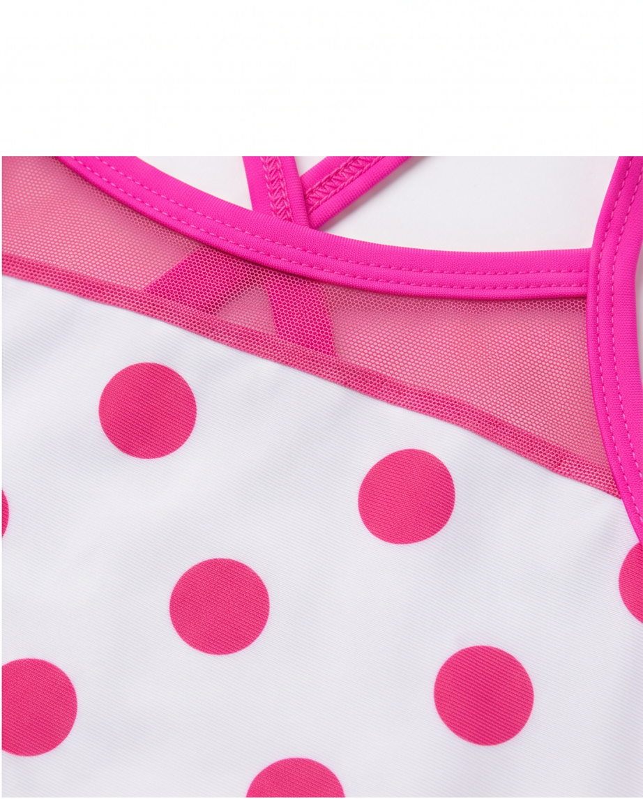Close-up of a white dance set with bright pink polka dots and matching pink trim, including a sheer mesh panel and crisscross shoulder straps.