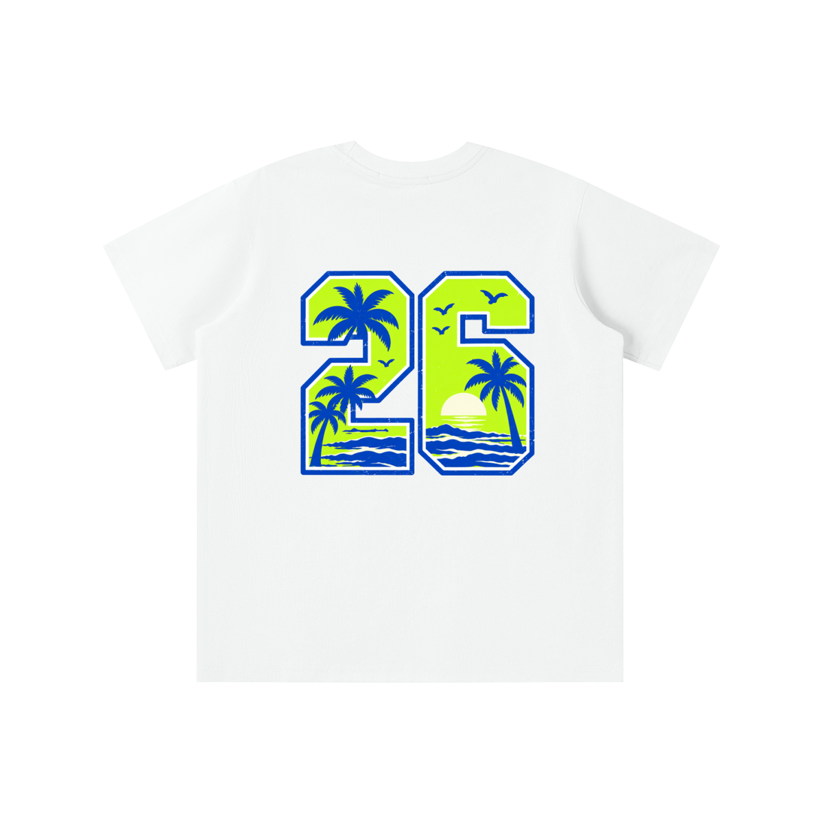 A white short-sleeve t-shirt with a large graphic on the back featuring the number '26' filled with a tropical beach scene in lime green and blue.