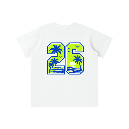 A white short-sleeve t-shirt with a large graphic on the back featuring the number '26' filled with a tropical beach scene in lime green and blue.